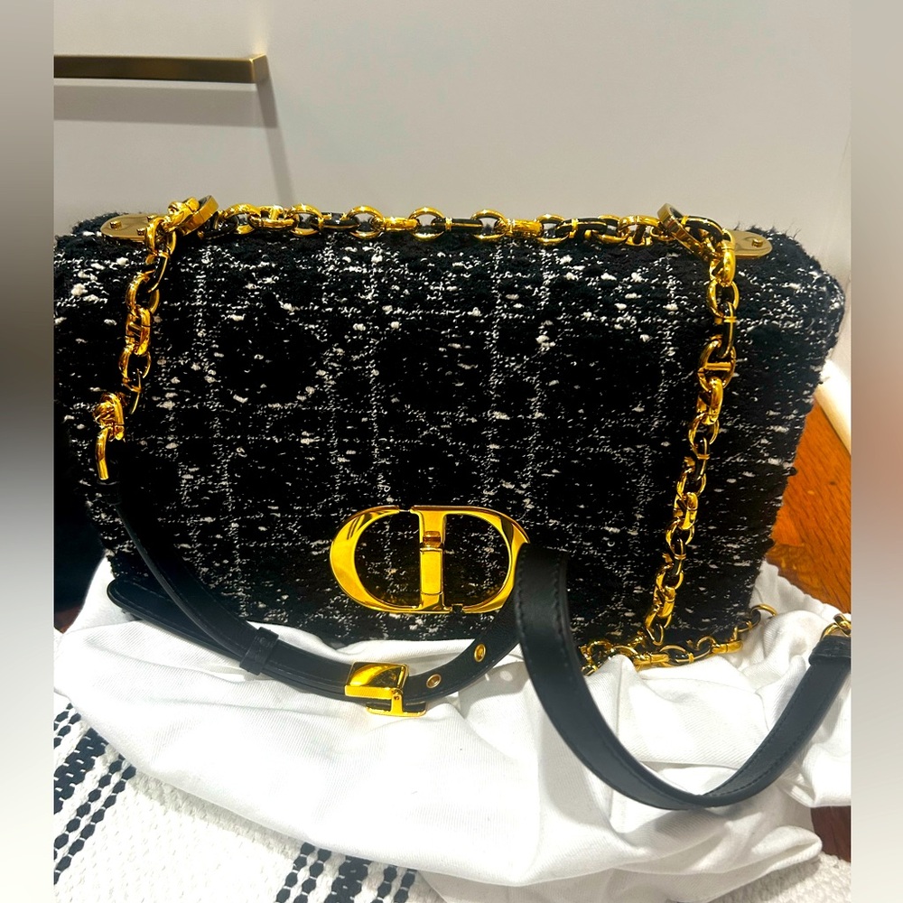 DIOR Tweed Cannage Medium Caro Two-Way Bag EUC